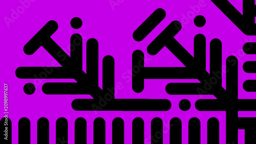 Abstract geometric pattern with black lines and dots on a vibrant purple background.