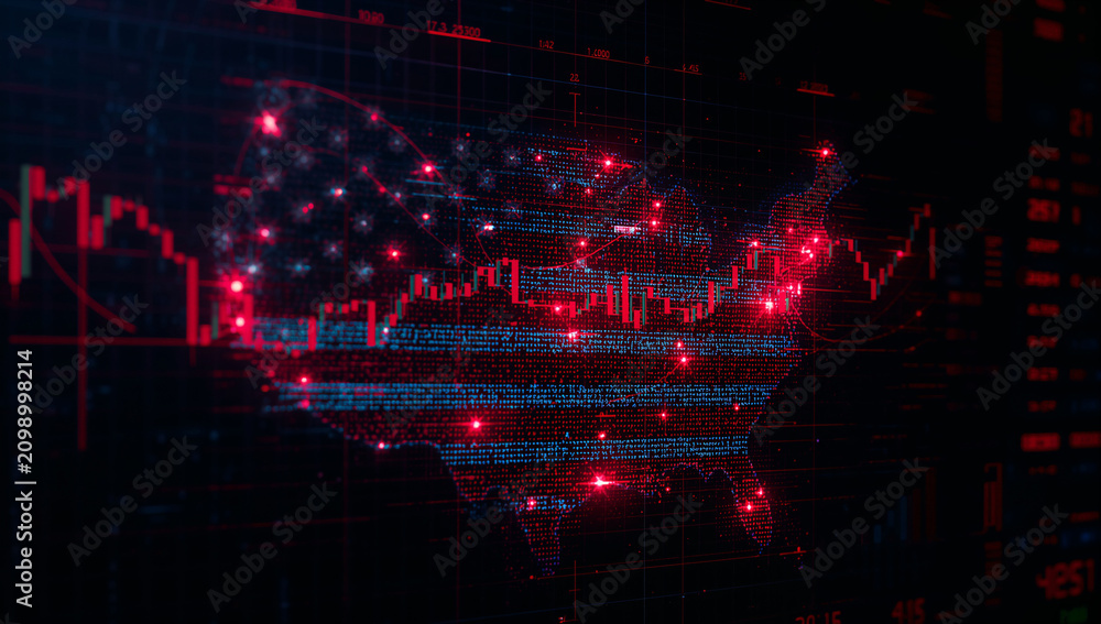 Fototapeta premium 米国の国旗と株式市場データを組み合わせた金融グラフィック素材