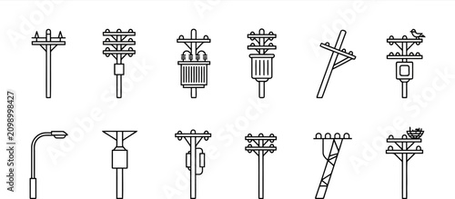 Variety of black and white line for utility poles and street lighting Keywords: utility pole vector, transparent background