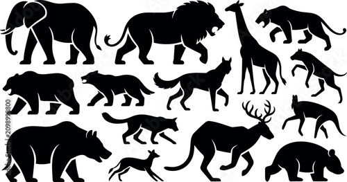 Photography Wild Animals Black Silhouette Vector Set Featuring Detailed Shapes of Elephant L