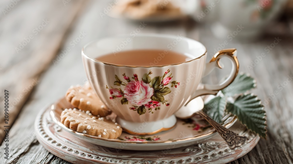 Fototapeta premium Floral tea cup with cookies and herbal tea on wooden table