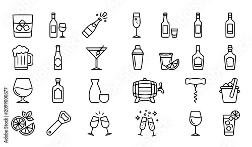 Alcohol and Liquor Line Art Icon Set Featuring Whisky Wine Champagne Soju Vodka Beer and Cocktail Drinks Vector
