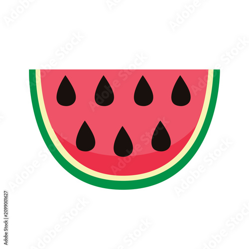 Fresh watermelon half slice with black seeds and green rind. Juicy summer berry icon in flat cartoon style. Vector illustration