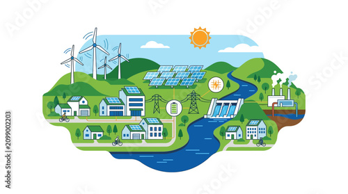 Bild auf Leinwand Renewable Energy Ecosystem: Sustainable Town with Solar, Wind, Hydro Power