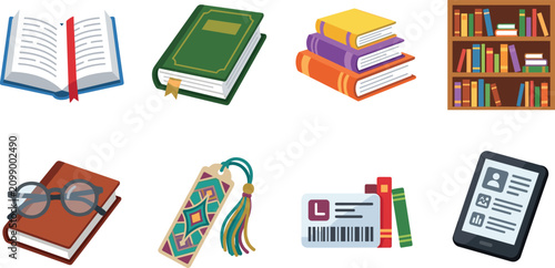 Fotografie Book and Reading Icons Collection with Library Education and Digital Learning El