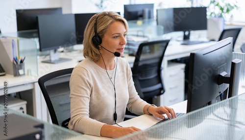 Professional woman with headset working at computer in office. Customer service representative providing technical support. Call center agent at workstation