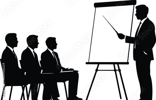 Business Presentation Training Seminar Silhouette Vector Illustration Featuring Corporate Speaker Teaching Professional Team During Office Meeting Workshop Session
