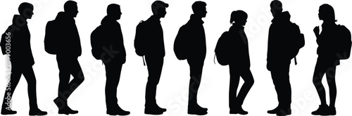 Collection of student silhouettes with backpacks standing walking and talking isolated on white background, black vector illustration for education design