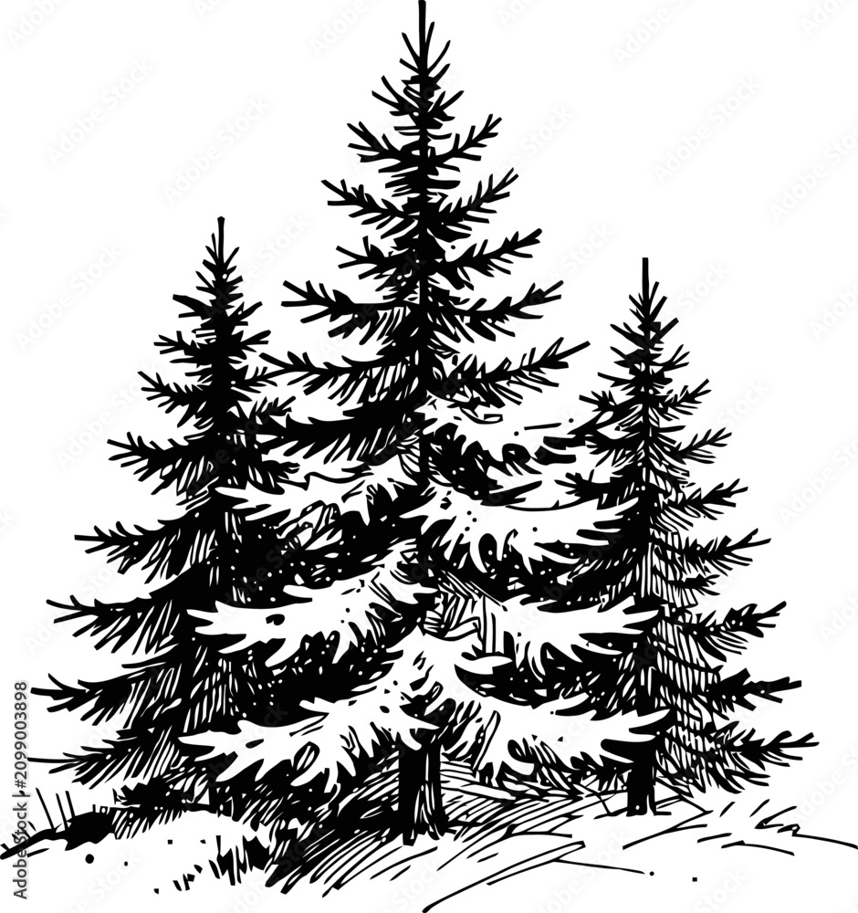 Obraz premium black and white drawing of dense fir trees in a forest landscape with detailed branches and needles