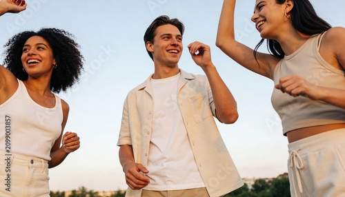 Diverse group of young friends dancing and laughing outdoors. Happy multiethnic people celebrating during golden hour. Summer lifestyle and friendship concept