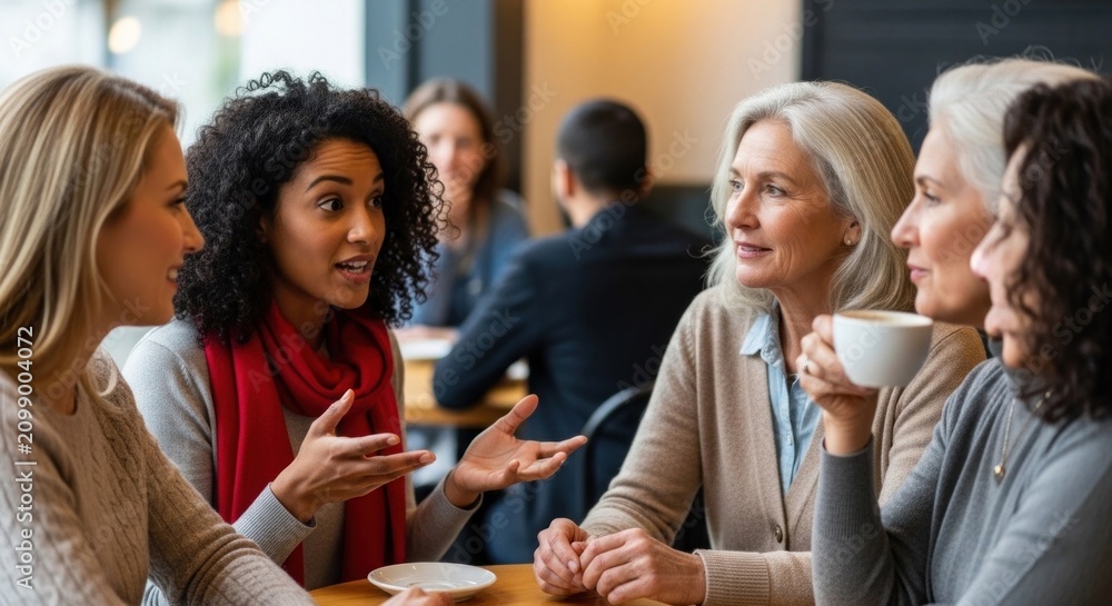 Fototapeta premium Five women sitting at a table in a cafe, engaged in conversation.
