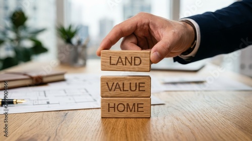 Hand stacking wooden blocks with words LAND VALUE HOME