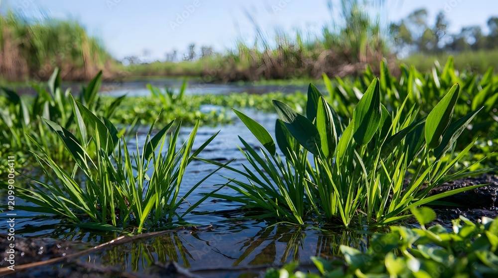 Fototapeta premium A serene wetland scene featuring lush green aquatic vegetation growing along calm shallow water channels under bright daylight