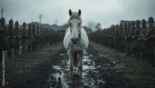 白い馬が兵士列の前に静かに立つ象徴的な動物写真
