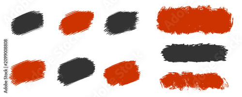 Brush stroke bundle painted with vibrant red and black grunge spots texture. Hand drawn artistic element collection perfect for streetwear and creative graphic design layout clip art.