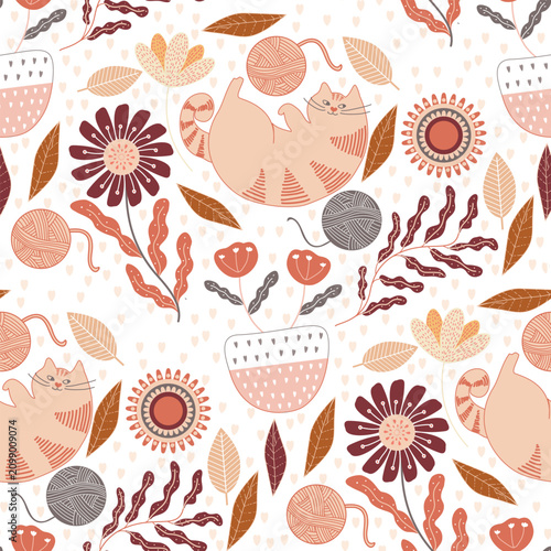 seamless pattern with cat and flowers