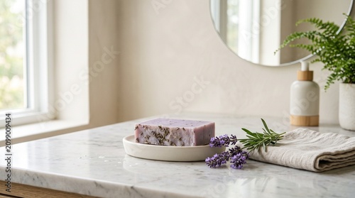 Handmade lavender soap bar on a ceramic dish, resting on a marble countertop in a bright, minimalist bathroom with fresh sprigs and a linen towel.
