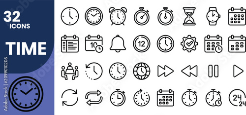 Foto Professional time line icon set featuring clocks, timers, calendars, deadlines, reminders, productivity, planning, schedules, and time management outline symbols