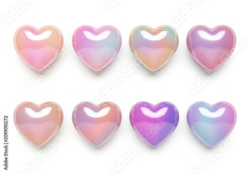 Set of eight colorful glossy heart shapes with shiny iridescent texture for romantic love design