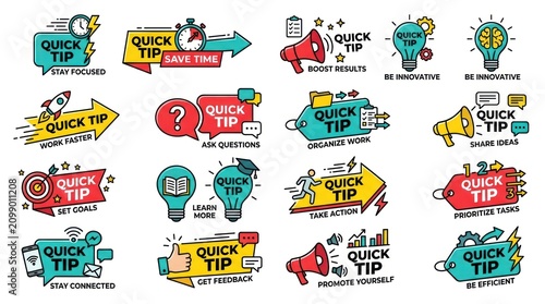 A collection of colorful illustrations and photos of various tip icons and megaphones are shown.