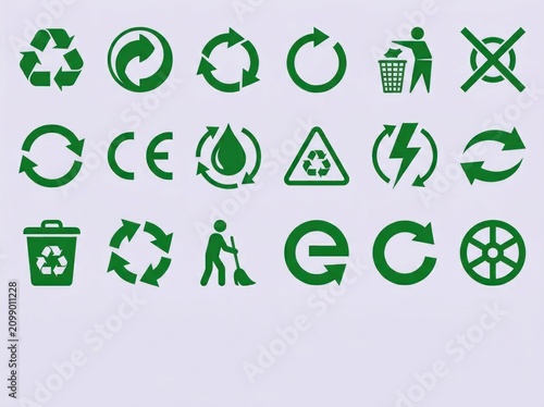 Eco friendly symbols and logos for recycling and conservation on a light background
