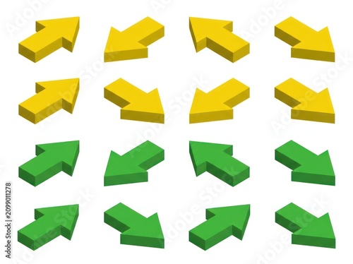 A collection of 3D arrows in yellow and green colors pointing right.
