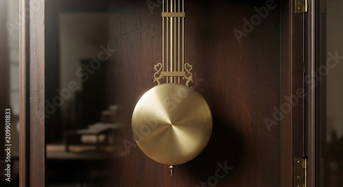 Polished Brass Pendulum Hanging Inside Antique Wooden Clock Cabinet