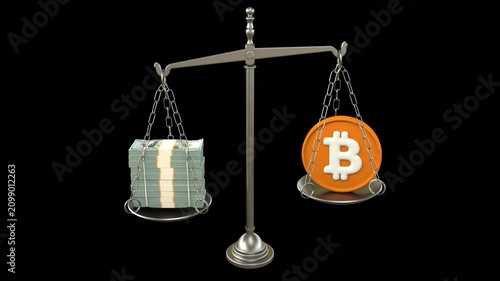 Bitcoin vs dollar stacks balance scale – 3d render looped with alpha channel.