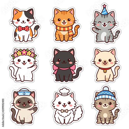 Nine cute cartoon cat stickers wearing different accessories