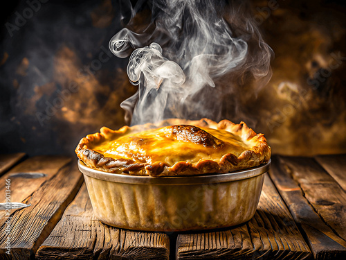 Freshly Baked Chicken Pot Pie with Golden Flaky Crust and Rising Steam Dark Moody