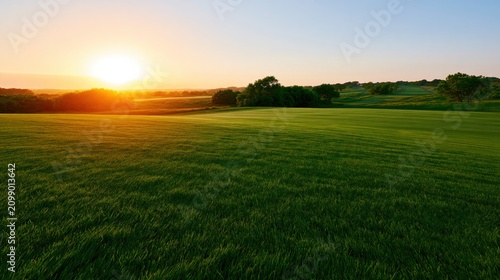 Golf Tee Box at Sunrise with Golden Morning Light on Scenic Course Landscape