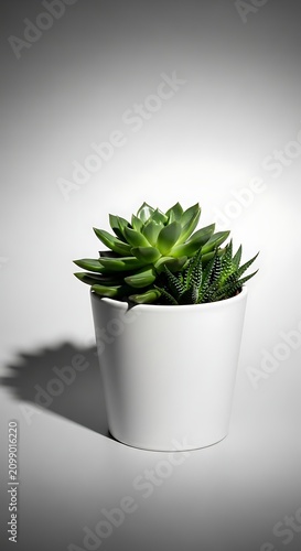 Green Succulent Plant Growing in White Ceramic Pot on Minimal Studio Background