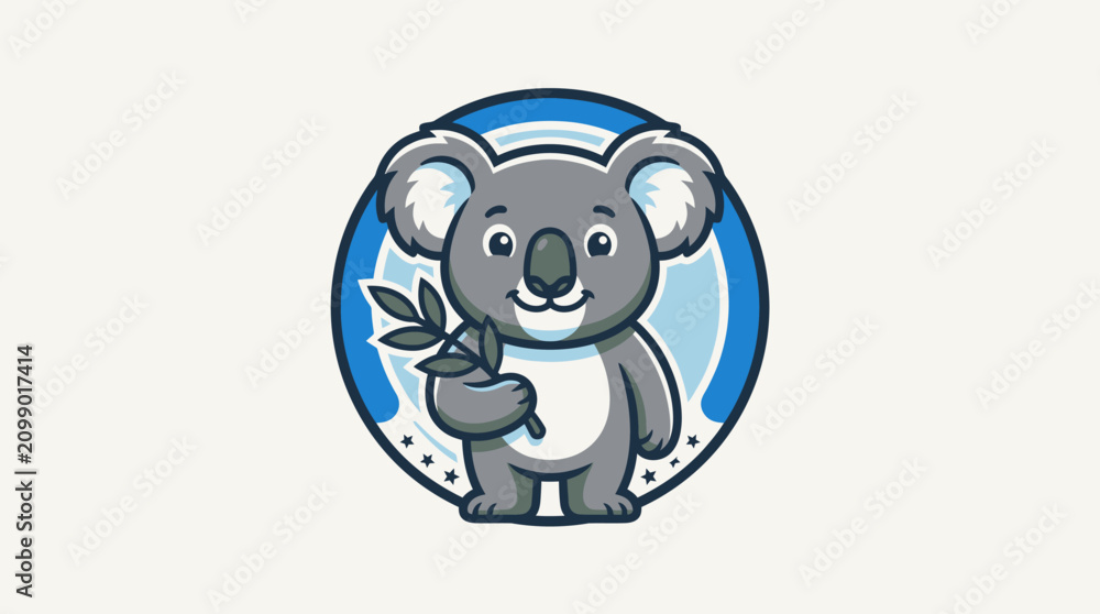 Fototapeta premium Cute cartoon koala holding leafy branch.
