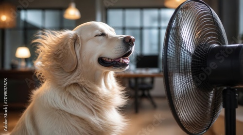 Happy golden retriever cooling off in front of a fan during a heat wave in a warm living room.