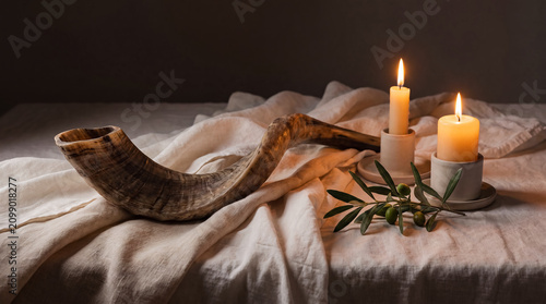 yom kippur jewish holiday background shofar candles atonement prayer solemn Ram horn and candle arrangement on draped cloth evokes repentance and reflection for religious messages and campaigns