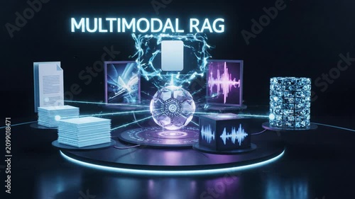 3D motion graphics visualization of a central data core connecting various digital information modules including text, images, and audio waveforms with copy space