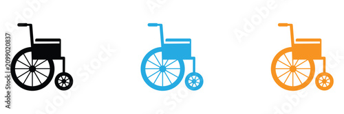 Three colorful wheelchair icons on white background for accessibility concepts