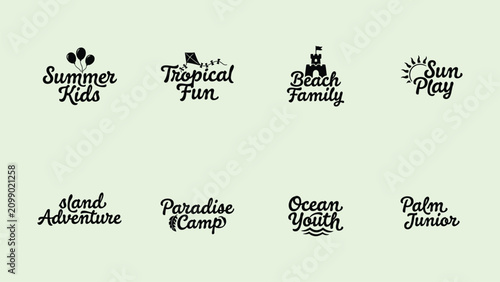 Collection of eight stylized typographic logos for summer and family activities