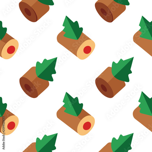 Seamless pattern of christmas yule log cakes with green fir trees, festive holiday dessert design for winter projects.
