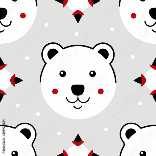 Cute cartoon polar bear faces seamless pattern, adorable animal design for children textiles and winter themed projects.