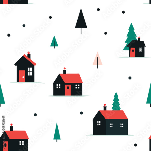 Winter landscape seamless pattern with small houses and fir trees. flat design for fabric, textile, wallpaper and paper.