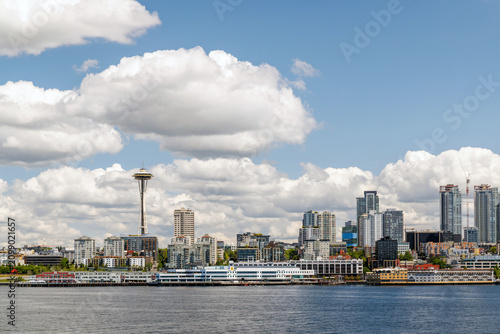 Bright and sunny panoramic view of Seattle skyline from the water