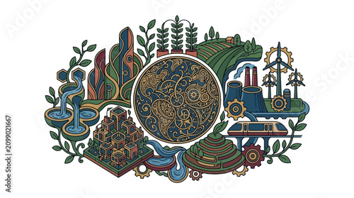 Sustainability world emblem with nature water train and buildings vector.