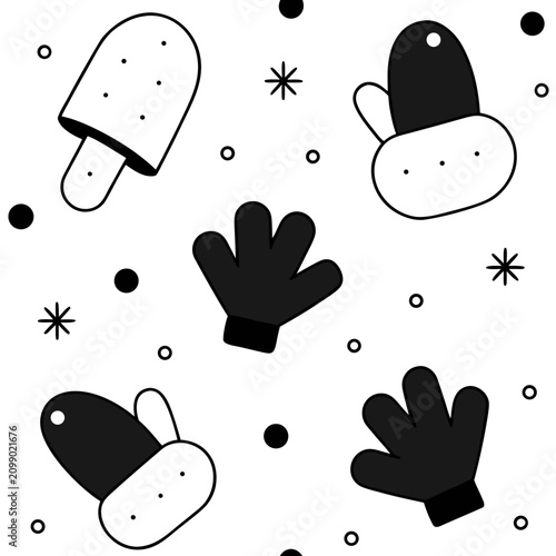 Graphic collection of winter gloves and mittens with snowflake patterns and polka dots isolated on white background for seasonal fun.