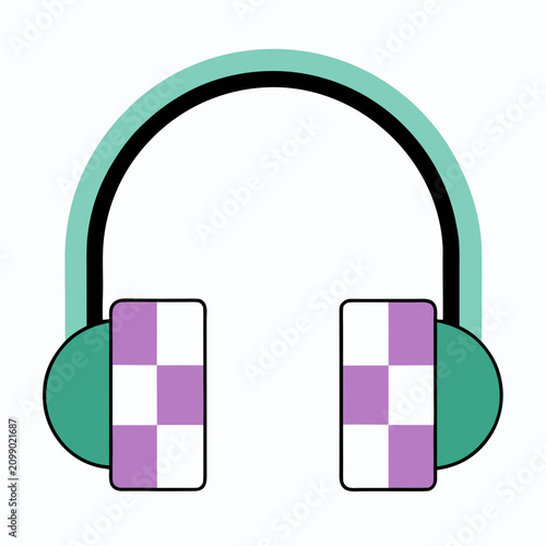 Modern headphones with teal headband and purple checkered ear muffs isolated on white background for music listening equipment item.