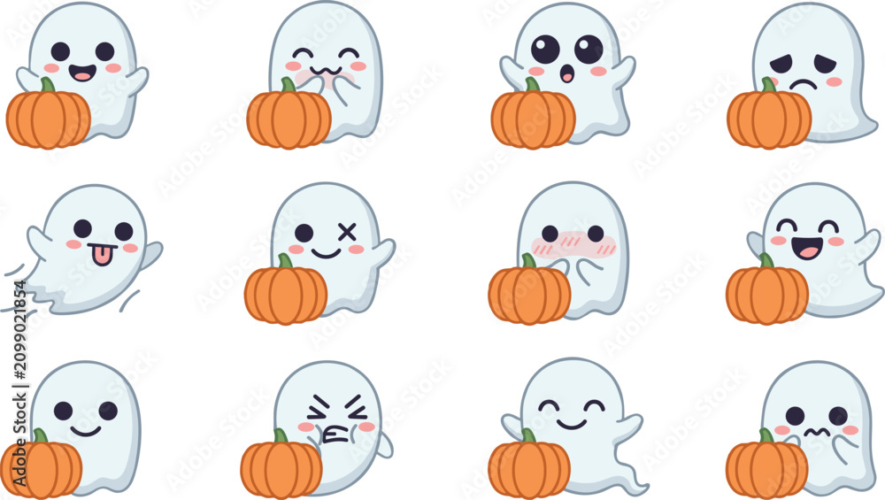 Obraz premium Cute Halloween Ghost Character Set Holding Pumpkins with Different Facial Expressions for Festive Autumn Graphics, Greeting Cards, Stickers, and Website Icons.