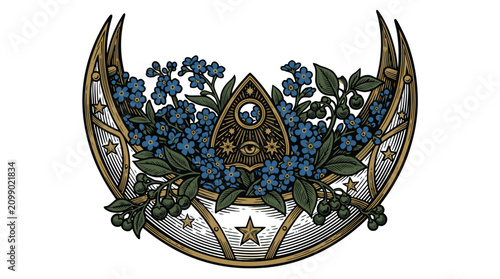 Winged floral crest emblem with star badge ornamental vector logo.