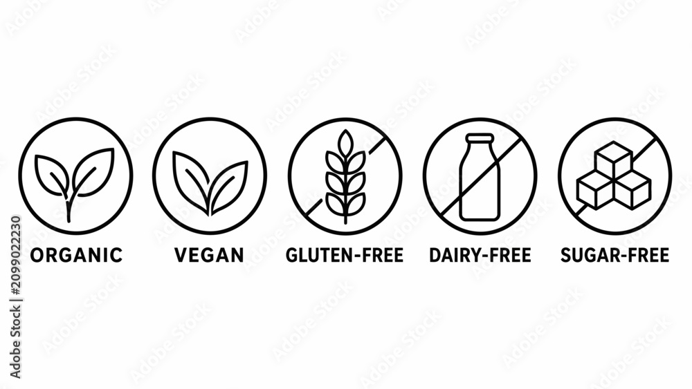 Fototapeta premium Vector icons for organic vegan gluten free dairy free sugar free.