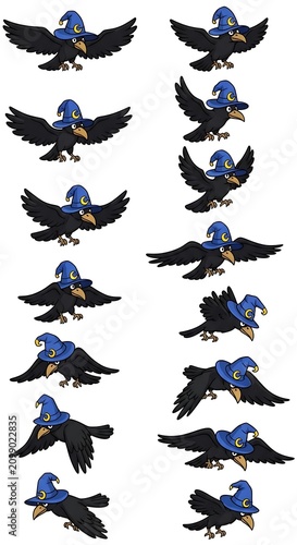 Cartoon Black Crows Wearing Blue Wizard Hats Flying on White Background