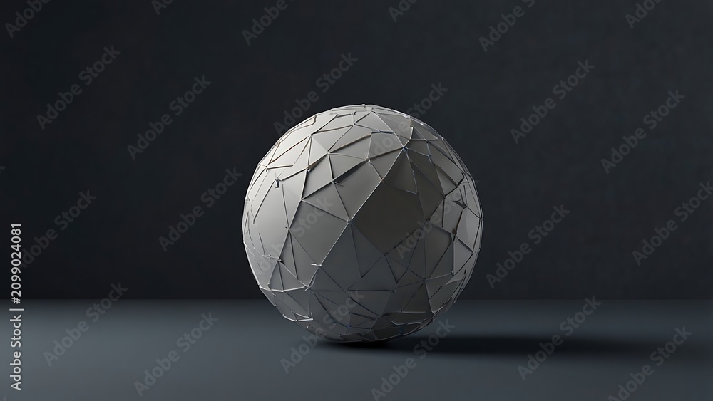 Fototapeta premium White Geometric Low-Poly Sphere with Intricate Triangular Facets Abstract Modern Design Object on Dark Background